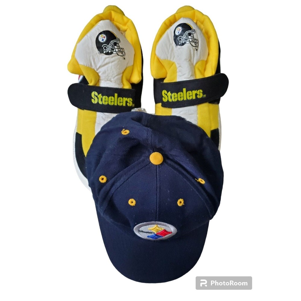 Pre-owned Best Bets Size L Mens 10-11 Pittsburgh Steelers Football Slippers, Hat